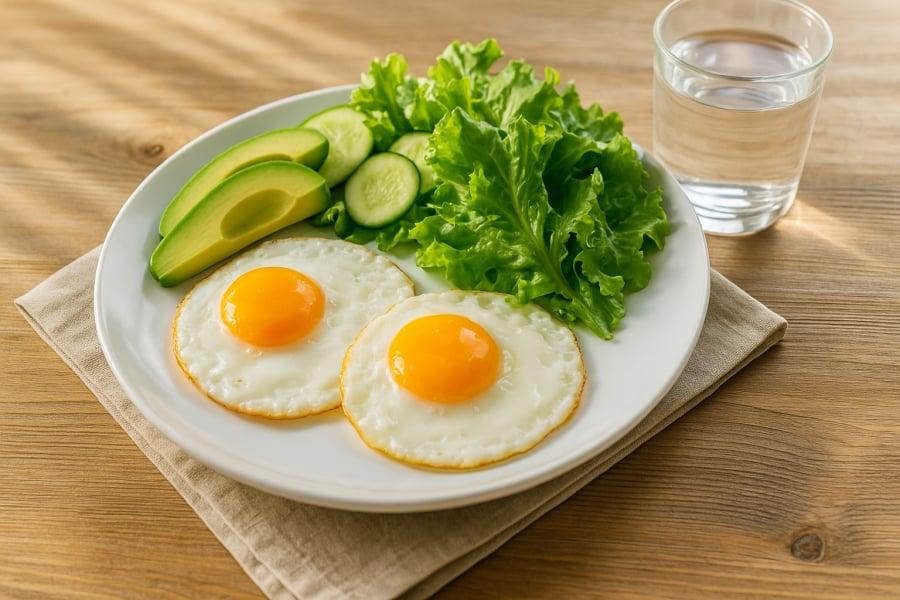 Món trứng ốp la ăn kèm salad và bơ – bữa sáng giúp no lâu, ít calo nhưng vẫn đủ dưỡng chất.