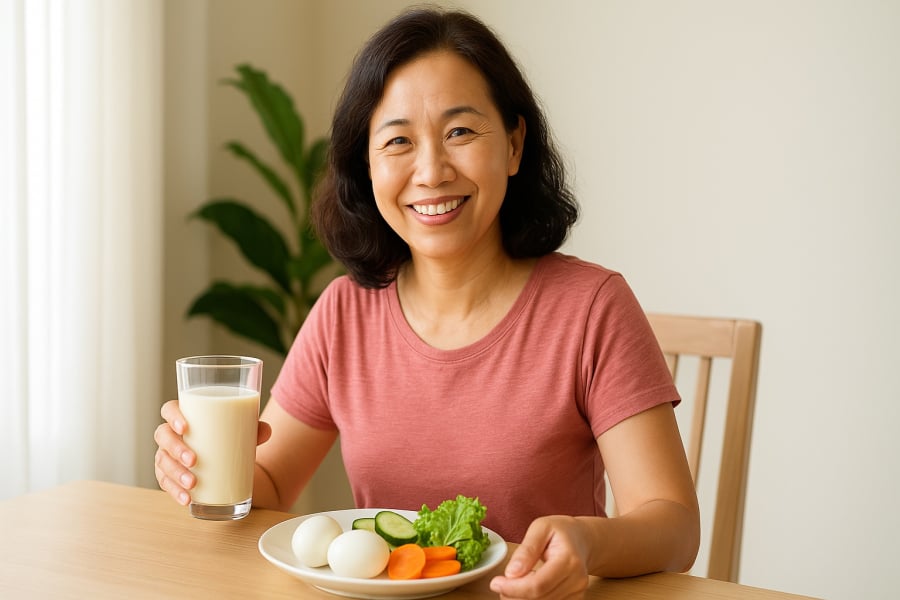 Bữa sáng lành mạnh với đậu nành và trứng giúp phụ nữ mãn kinh duy trì năng lượng, cân bằng nội tiết mỗi ngày.