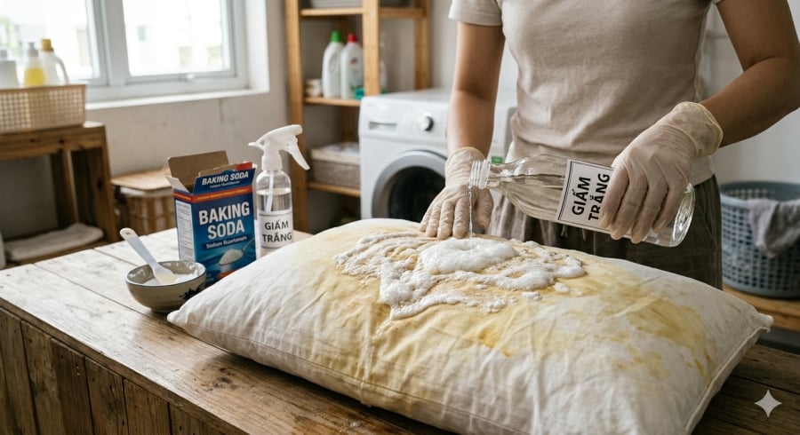 Baking soda ⱪḗt hợp giấm trắng giúp xử ʟý vḗt ṓ vàng trên ruột gṓi ⱪhá hiệu quả.