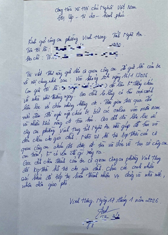 Gia đình em L.T.A. viết thư cảm ơn Công an phường Vinh Hưng.